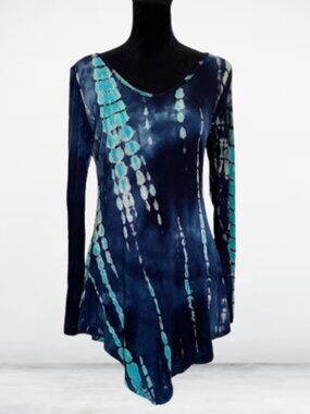 Fitted Tie Dye Tunic Long Sleeve Blue Aqua V-neck Jersey Rayon Asymmetric MED
